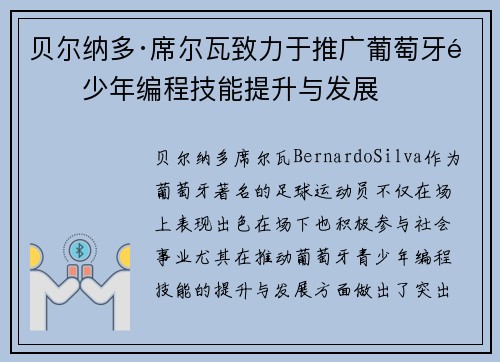 贝尔纳多·席尔瓦致力于推广葡萄牙青少年编程技能提升与发展 贝尔纳多·席尔瓦致力于推广葡萄牙青少年编程技能提升与发展